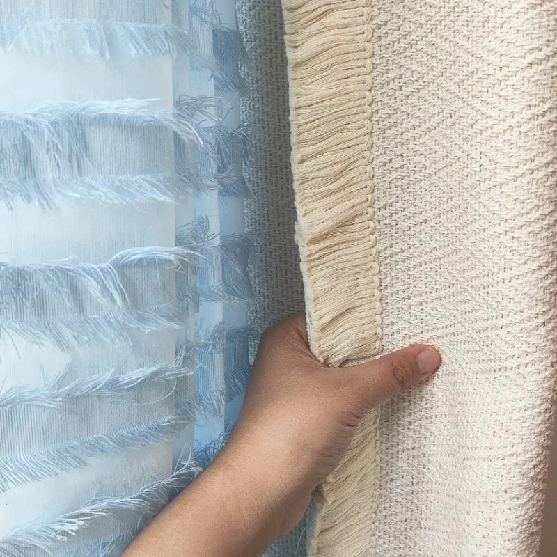 Sea Salt Blue Cake Yarn Cream Color Woven Jacquard Tassel Curtains for Living Room Bedroom Customized French Window Finished
