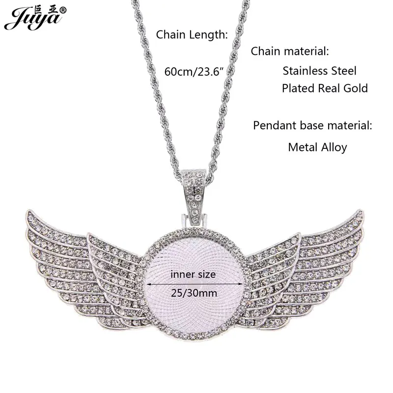 10PCS Wings Pendant Bases Bezels 25/30mm Cabochon Tray + 60cm Stainless Steel Chains Fit For DIY Hiphop Necklaces Jewelry