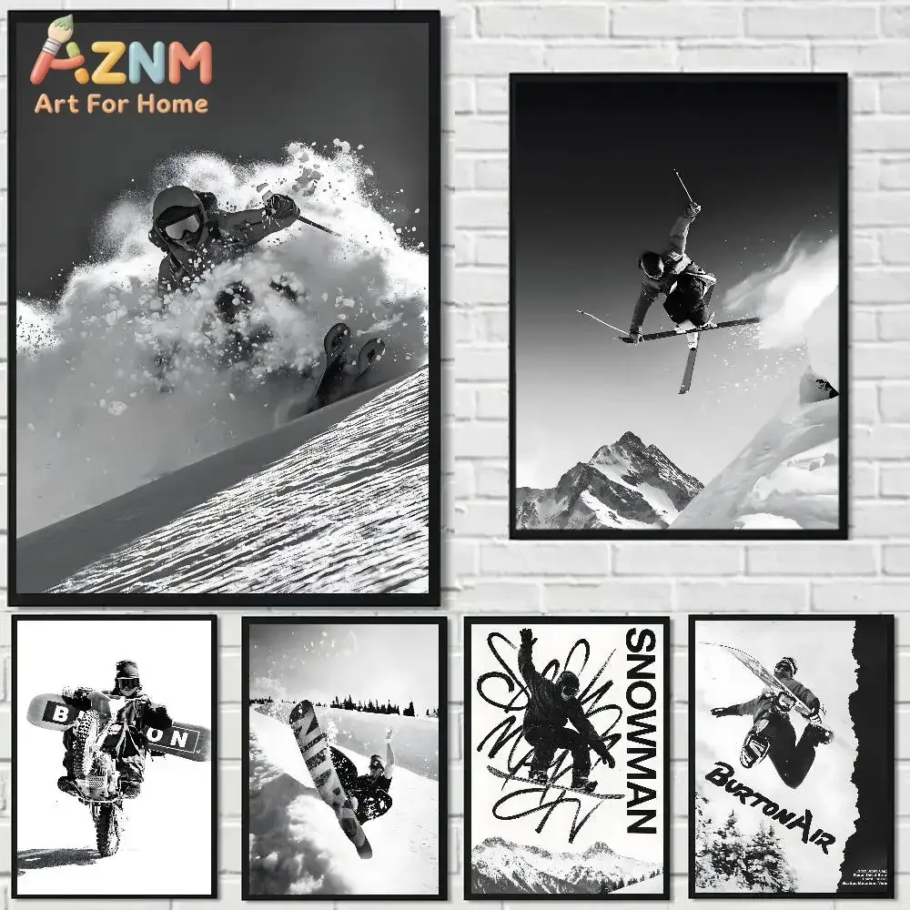 AZNM Black White Ski Snowboard Canvas Wall Art, Extreme Winter Sport Mountain Skiing Action Photo Print, Unframed Canvas Paintin