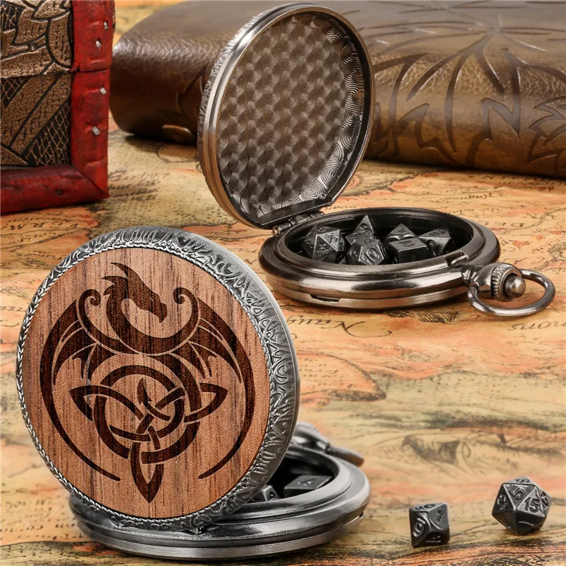 Steampunk Engraved Dragon Cover with 7pcs/set Metal Polyhedral Dices Pocket Watch Case Chain Entertainment Role Paly Game Dice