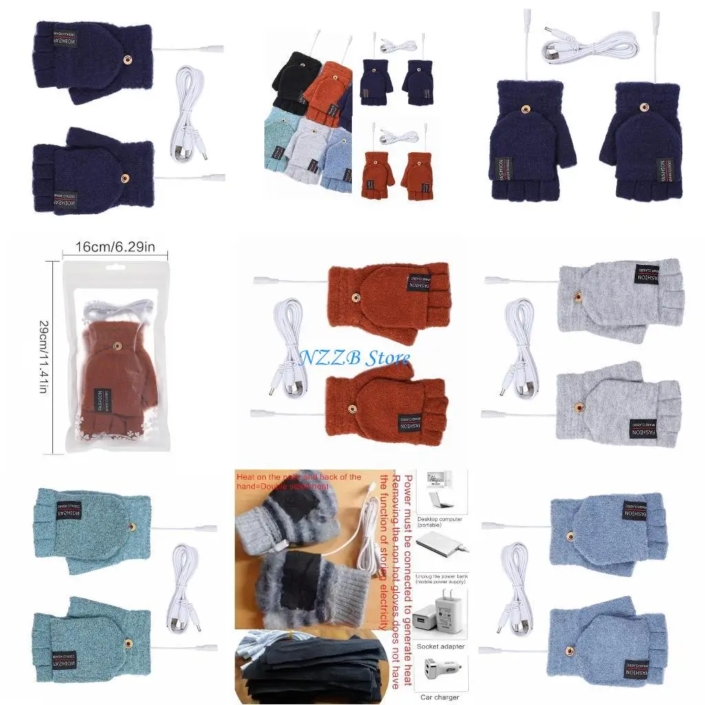 T21F قفازات شتوية للجنسين بمنفذ USB قابلة للتحويل نصف وكامل الأصابع للبالغين
