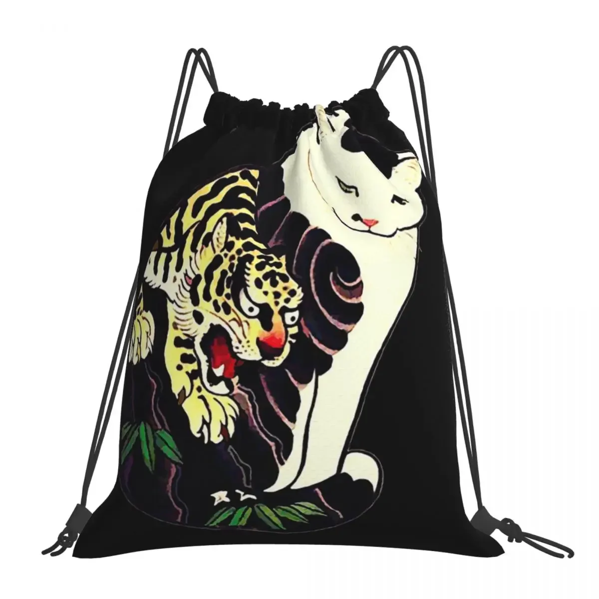 

Античный японский рюкзак с рисунком кошки с тигром и татуировкой из древесного блока, многофункциональные сумки на шнурке, сумка для хранения для мужчин и студентов