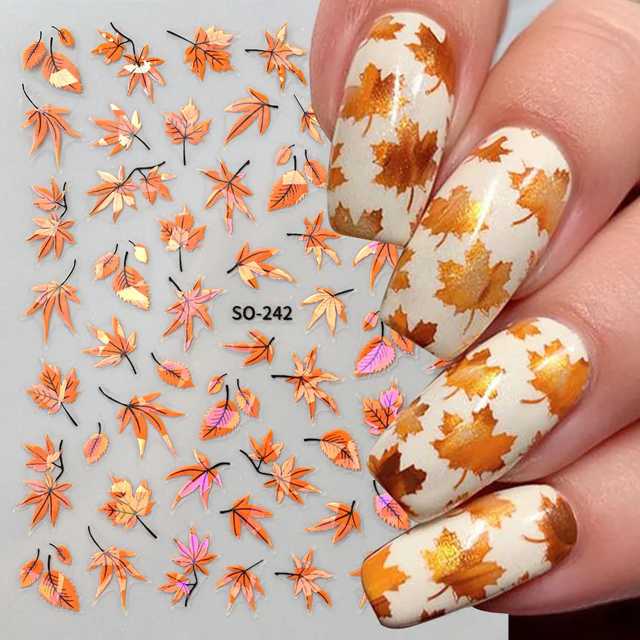 2pcs 3D Autumn Charms Nail Decal Laser Maple Leaves Design Nail Art Stickers Fall Leaf DIY Sliders for Nail Foils Manicure Decor