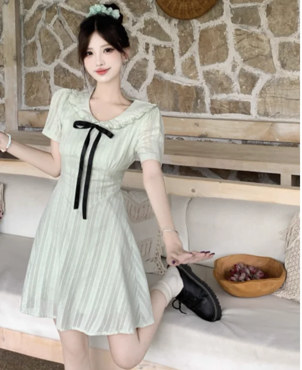 فساتين الأميرة الصيفية الفرنسية الحلوة كبيرة الحجم لتخفيض العمر وخصر عالٍ وأكمام قصيرة وياقة بيتر بان فستان كوري متعدد الاستخدامات #3