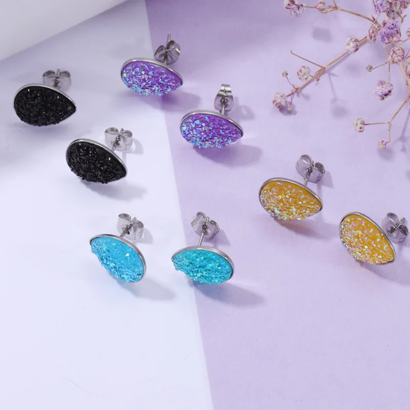 Rumnvnty 1pair 22 Colors Glitter Water Drop Shape  Stud Earring Stainless Steel Mirror Polish  Resin Druzy Ear Studs Earrings