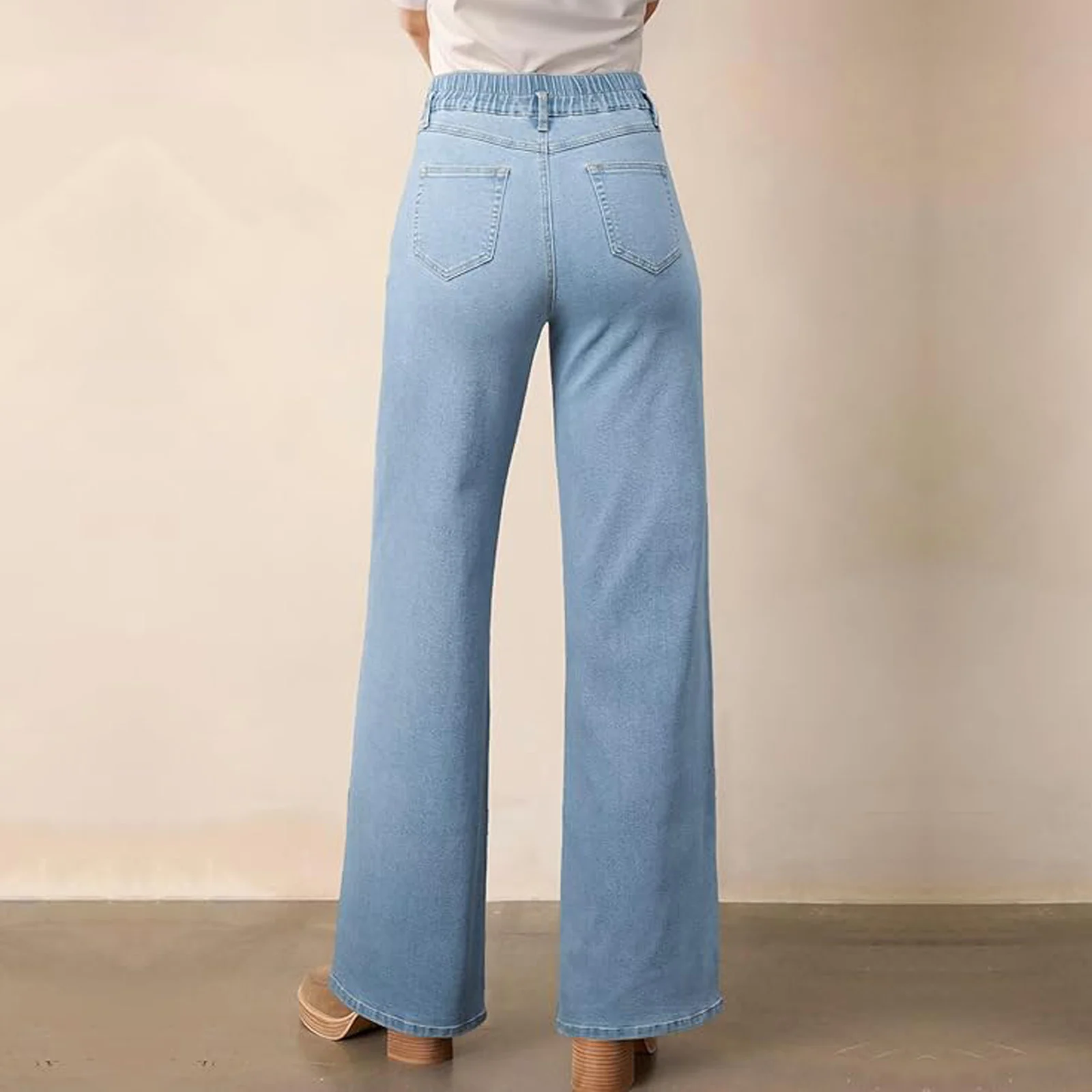 بنطلون جينز نسائي واسع الساق جينز خفيف أزرق مغسول عالي الخصر تصميم نسخة فضفاضة مريحة ملابس يومية عصرية