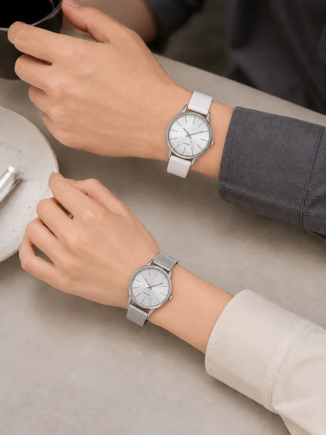 2Pcs Lovers Watch Set Classic Minimal Mesh & Leather Strap Analog Quartz Wristwatch Men Women Fashion Couple Matching Timepieces
