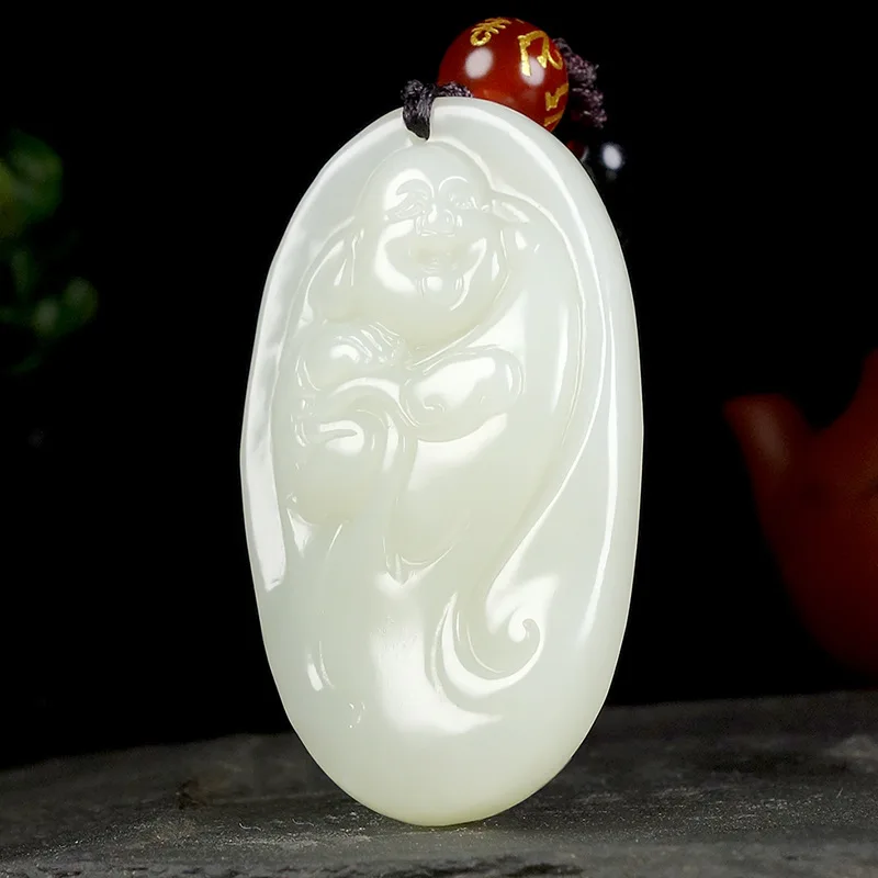 

Fine Jewelry Natural Hetian Nephrite Jade White Jade Ruyi Laughing Buddha Maitreya Buddha Jade Pendant for Women