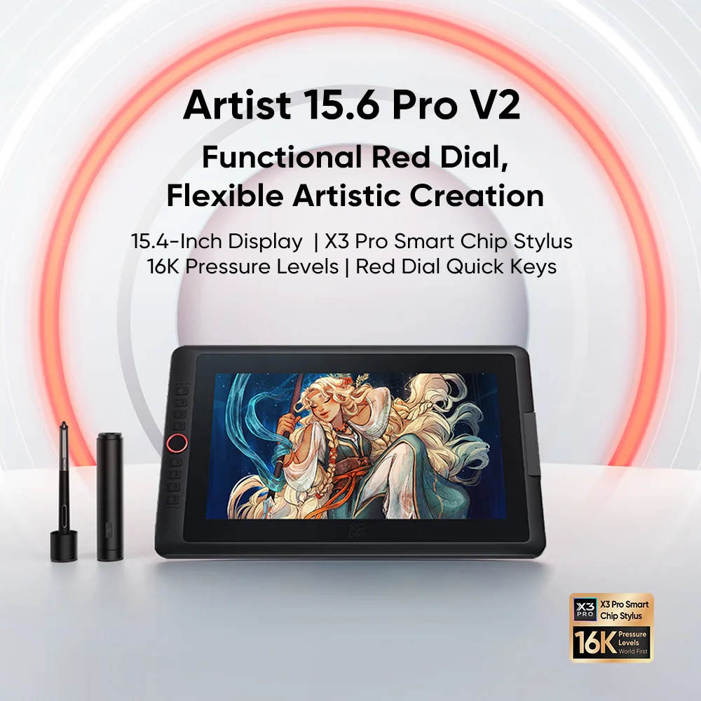 

XPPen 15.6 inch Artist 15.6 Pro V2 Graphic Tablet Digital Drawing Monitor 16K Levels X3 Pro Pen Display Red Dial Quick Keys
