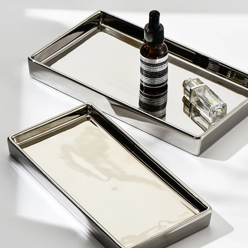 Electroplated Silver Ceramic Tray, Rectangular Jewelry Storage Tray, Living Room Ornament, Home Decor, Affordable Luxury