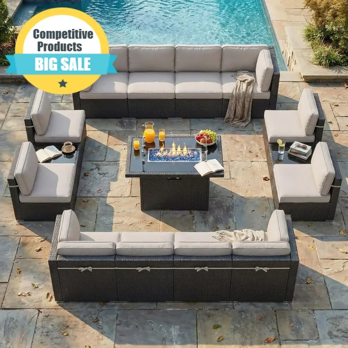 15 Piece Patio Furniture Set with Fire Pit Table, Outdoor Conversation Sets Wicker Rattan Sectional Sofa with Coffee Table