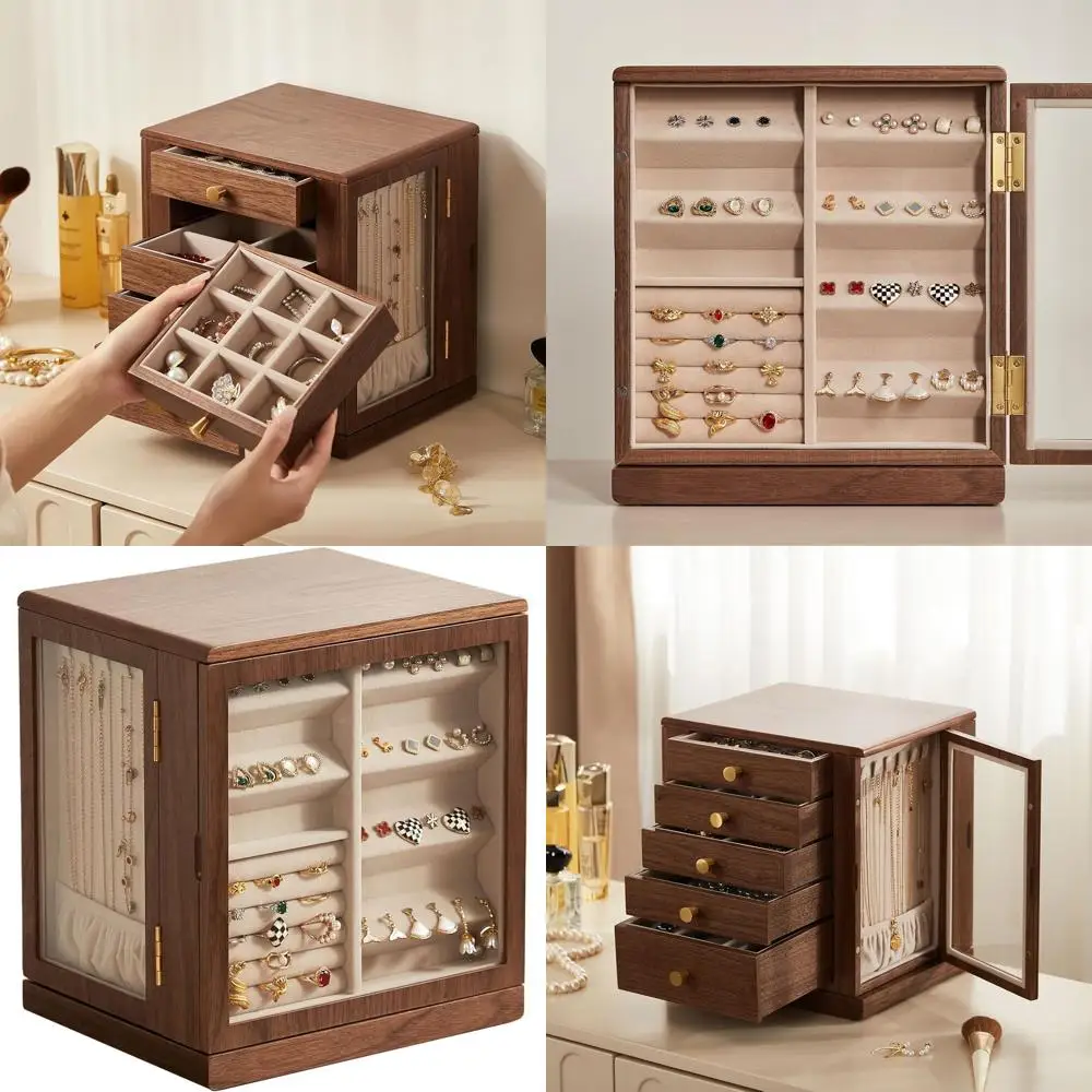 

360 ° Вращающийся деревянный органайзер для украшений для женщин - большой ящик для хранения с 5 выдвижными ящиками, для колец, серег и браслетов - идеальный подарок