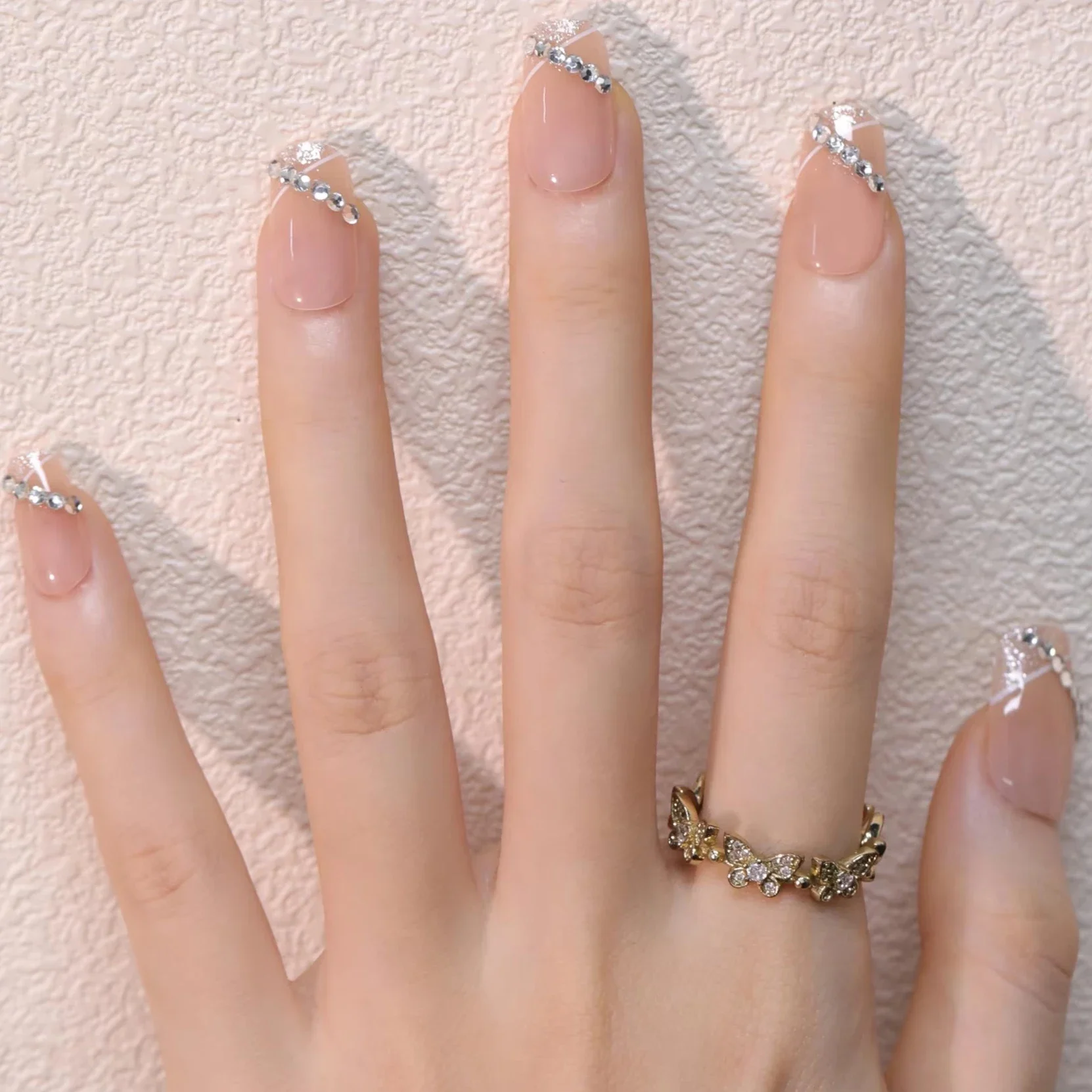 Brillo en polvo, perla de diamantes de imitación, cristal japonés coreano, uñas postizas cuadradas cortas, arte, abalorio para uñas postizas, punta, prensa en uñas, manicura