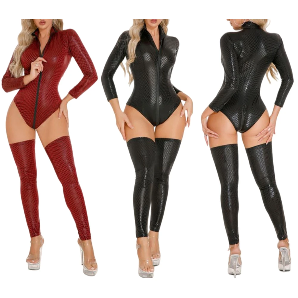 

Women's Leather Jumpsuit Suit Zipper Crotch Shiny Patent Leather Plaid Jumpsuit Performance Outfit Bodysuit Clubwear