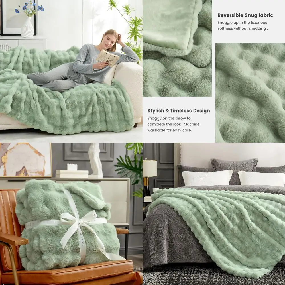 

Sage Green Plush Faux Fur Sofa Throw, 60x80 Thick Bubble Blanket for Living Room & Bedroom