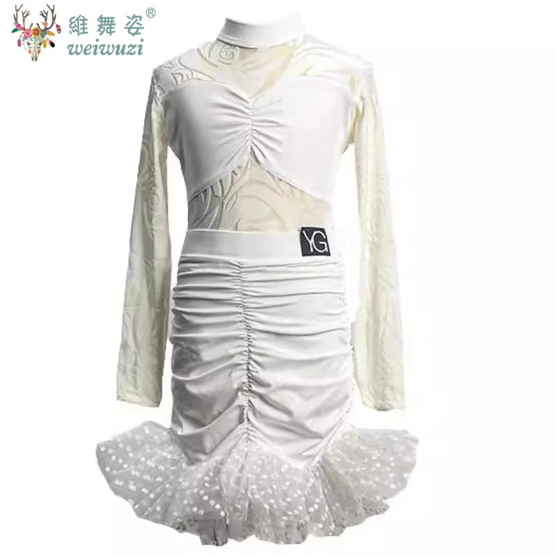 Latin Dance Dress Girls Cha Cha Rumba Tango Dance Costume Fringe Dress White Kids Latin Competition Dress Samba Practice Wear