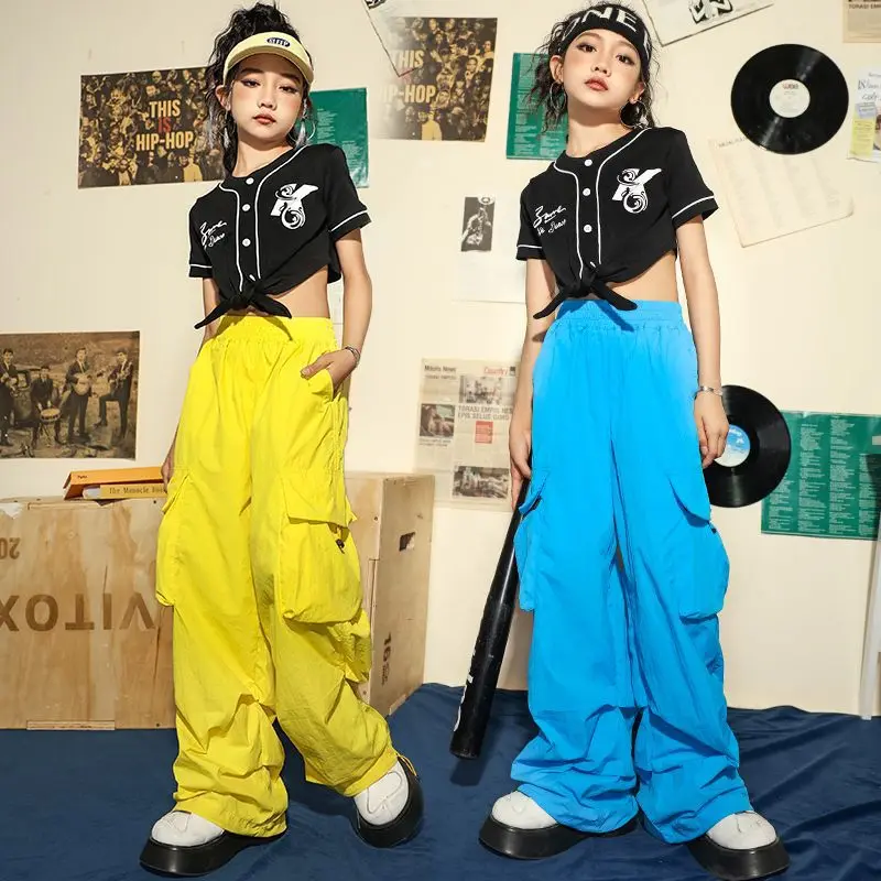 طفل Kpop الهيب هوب الملابس السوداء المحاصيل الأعلى الدانتيل يصل قميص خفيفة الوزن عارضة جيب البضائع السراويل لفتاة الجاز ملابس رقص الملابس