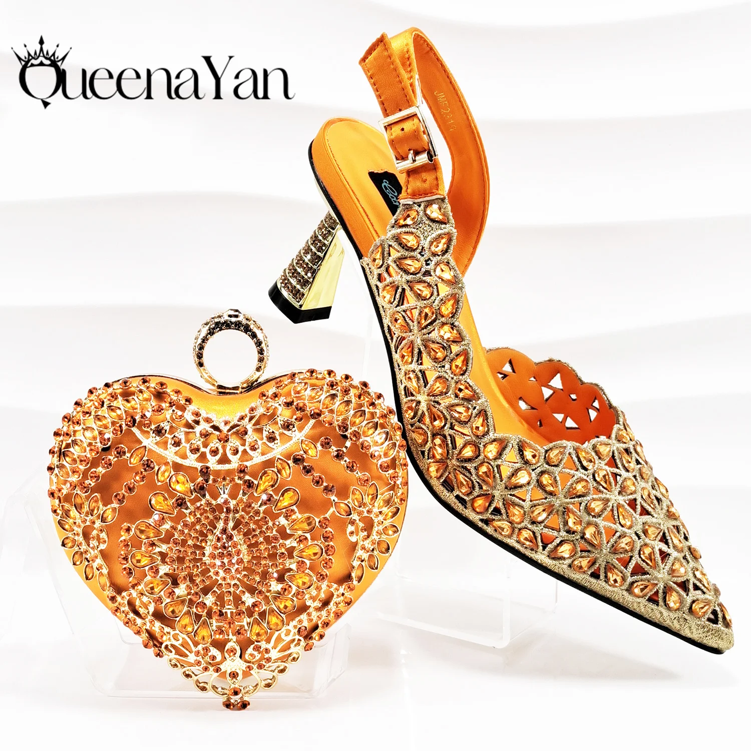 Rhinestone Embed Design Party Wedding Gold Color Pointed Toe High Heel Lady Shoes and Heart Shape Mini Bag