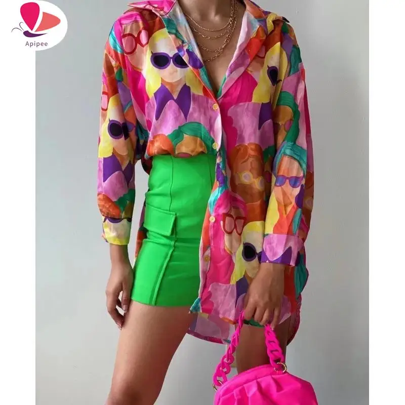 Cartoon Character Avatar Print Women Shirt Fashion Single Breasted Lapel 2024 Spring Female Shirts Chic Long Sleeve Street Tops