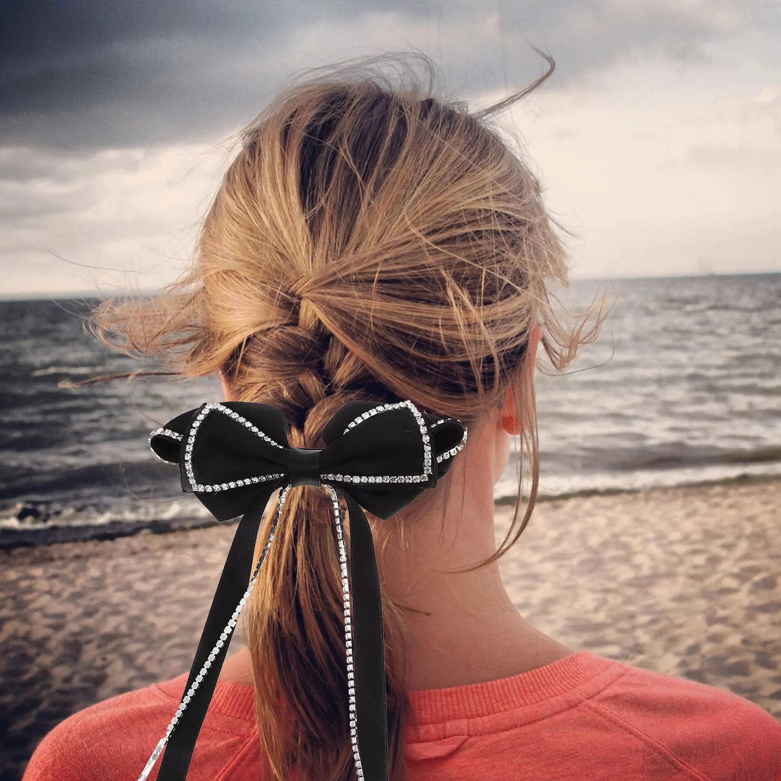 

2 pcs BlackWhite Rhinestone Bow HairClips LongBows WomenHairAccessories TeenGirls WeddingProm BanquetPhotos HairBows