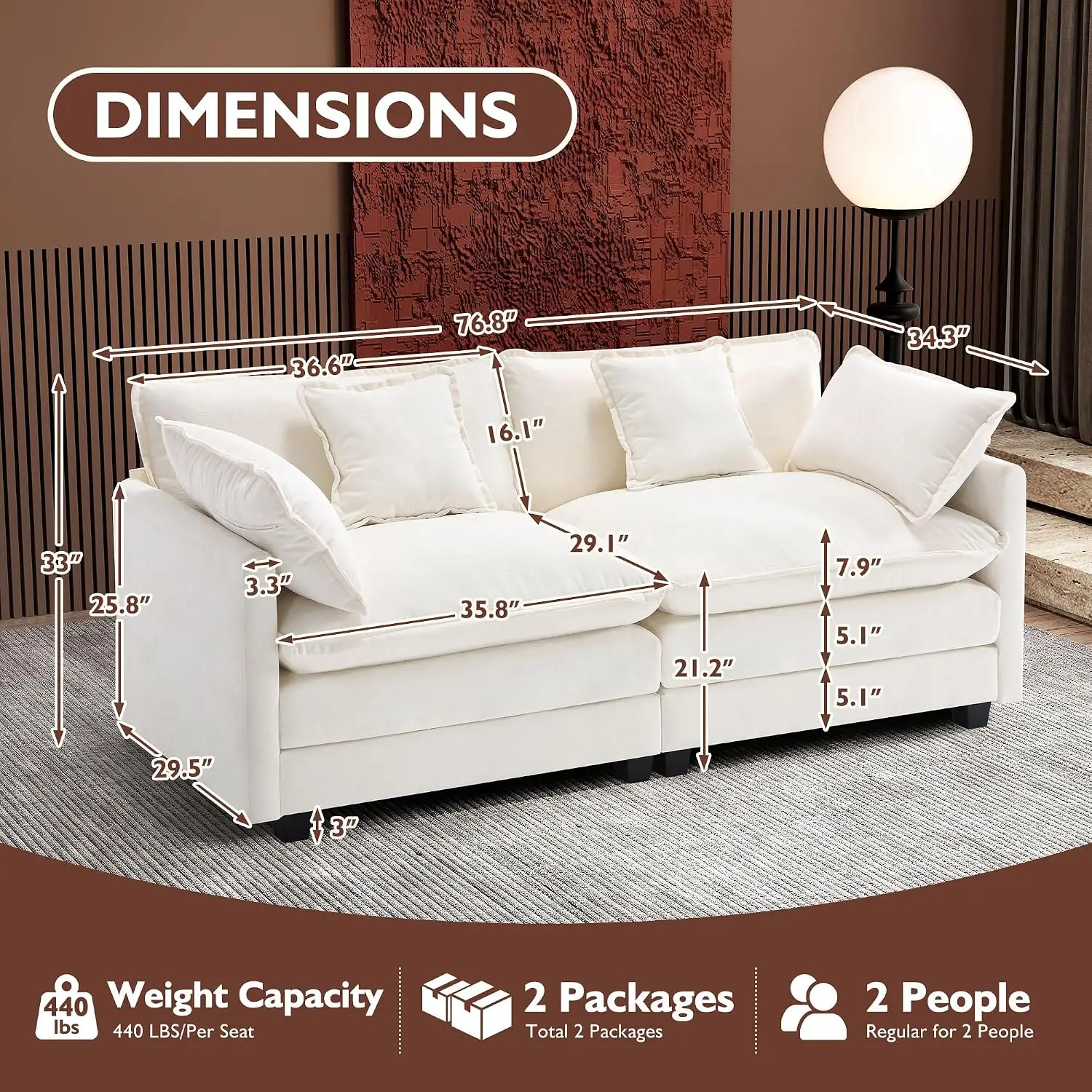 Cloud Loveseat 77 Inch Modern Sectional 2-Seats Living Room Bedroom Comfy Double Layer Cushion Chenille Fabric Beige, Customized