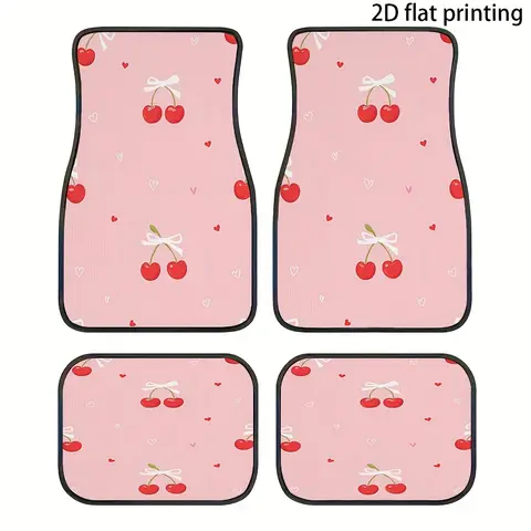 4pcs Car Floor Mats, Cherry Bow Heart Pink Background Pattern, Material, Universal Fit, Washable, Easy To Clean, Suitable For Fr