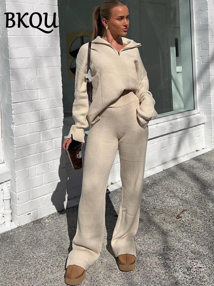 BKQU Knitted Two Piece Pants Set Women Zipper Turtleneck Sweater and Elastic Waist Straight Wide Leg Pants Suit 2024 Fall Winter