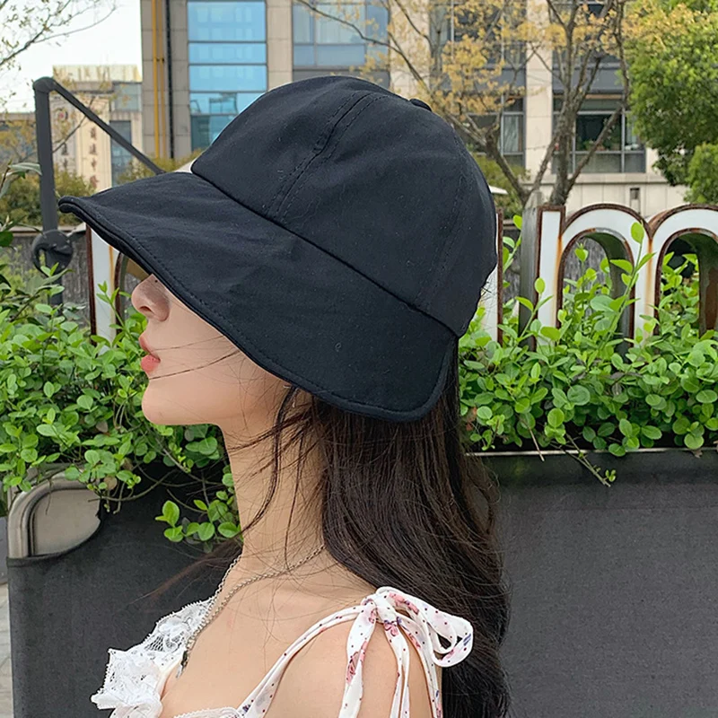 Women Large Brim Sunscreen Hat Solid Color Fisherman Hats For Travel Beach Foldable Cotton Visors Korean Girl Sunshade Basin Cap