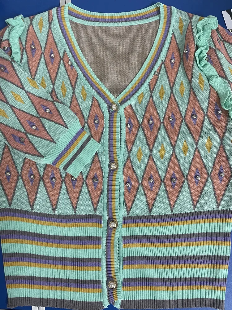 Cardigan à carreaux argyle pour femme, haut perlé, manches courtes, col en V, simple boutonnage, volants, élégant, été, V1135