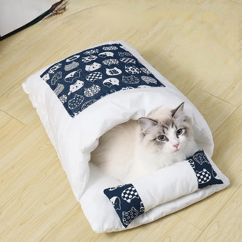 Nuevo Saco de dormir para gatos de estilo japonés, nido para gatitos semicerrado desmontable y lavable, nido cálido para gatos, casa para gatos de invierno