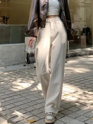 Pantalones vaqueros Beige americanos para mujer, ropa de calle Vintage de cintura alta, holgada, 2023