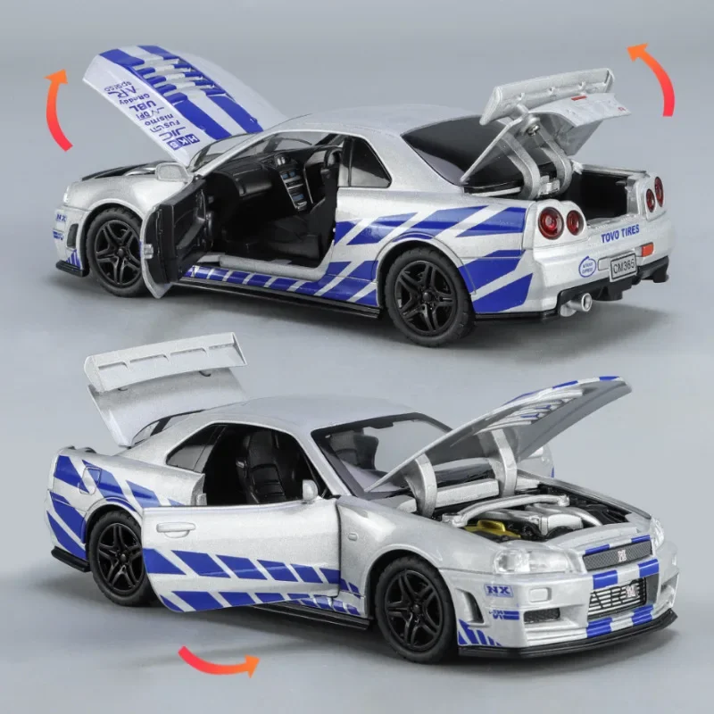 1:32 Nissan GTR R34 Skyline Fast & Furious Alloy Car Model Sound and Light Pull Back Children's Toy Collectibles Birthday Gifts