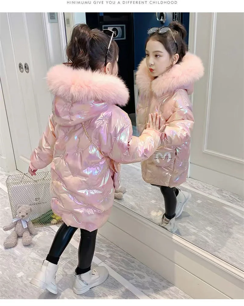 Thicken Casual Jackets Kids Winter Glossy Coats Baby Girl Plush Hooded Outerwear Children Zipper Parkas Fashion Cute Overcoat