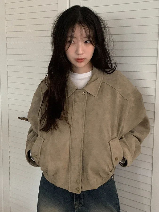 

Chic ort Biker Sle Suede Jaet Women's Hong Kong Sle Faion Autumn Retro Korean Loose Fit Zipper Pure Color Coat