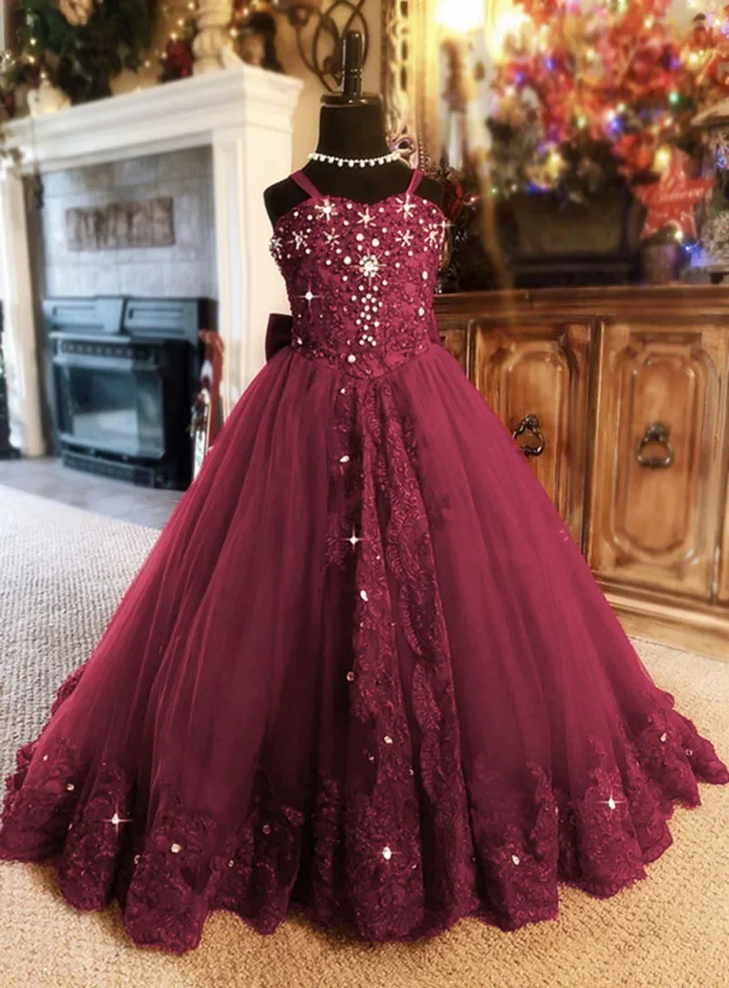 Rote Blumenmädchenkleider, Träger, Strass-Applikation, Hochzeit, Party, Tüll, Ballkleid, ärmellos, bodenlang, Prinzessin-Festzug-Kleid