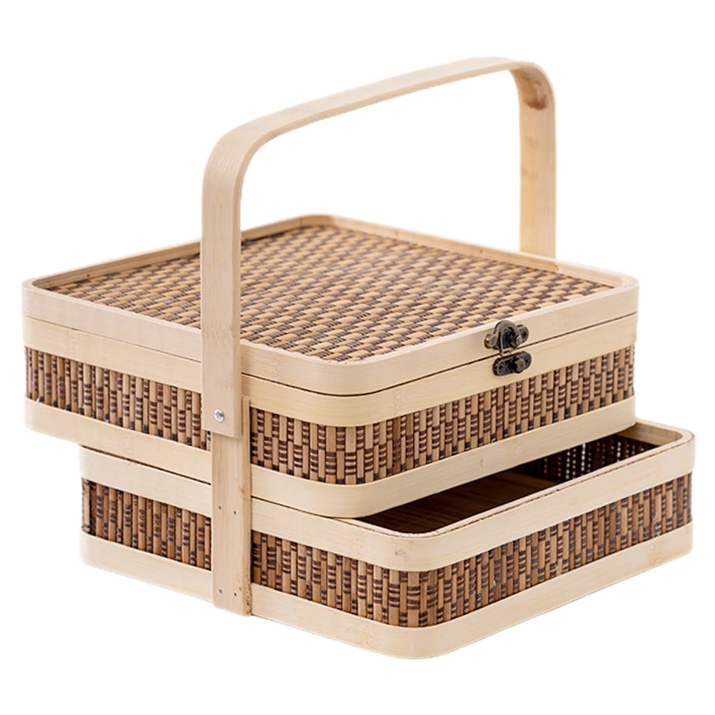 

Woven H Basket Fruit Snacks Storage Sundries Wedding Picnic Gift Bamboo Two Layer H held Container Portable Household Items