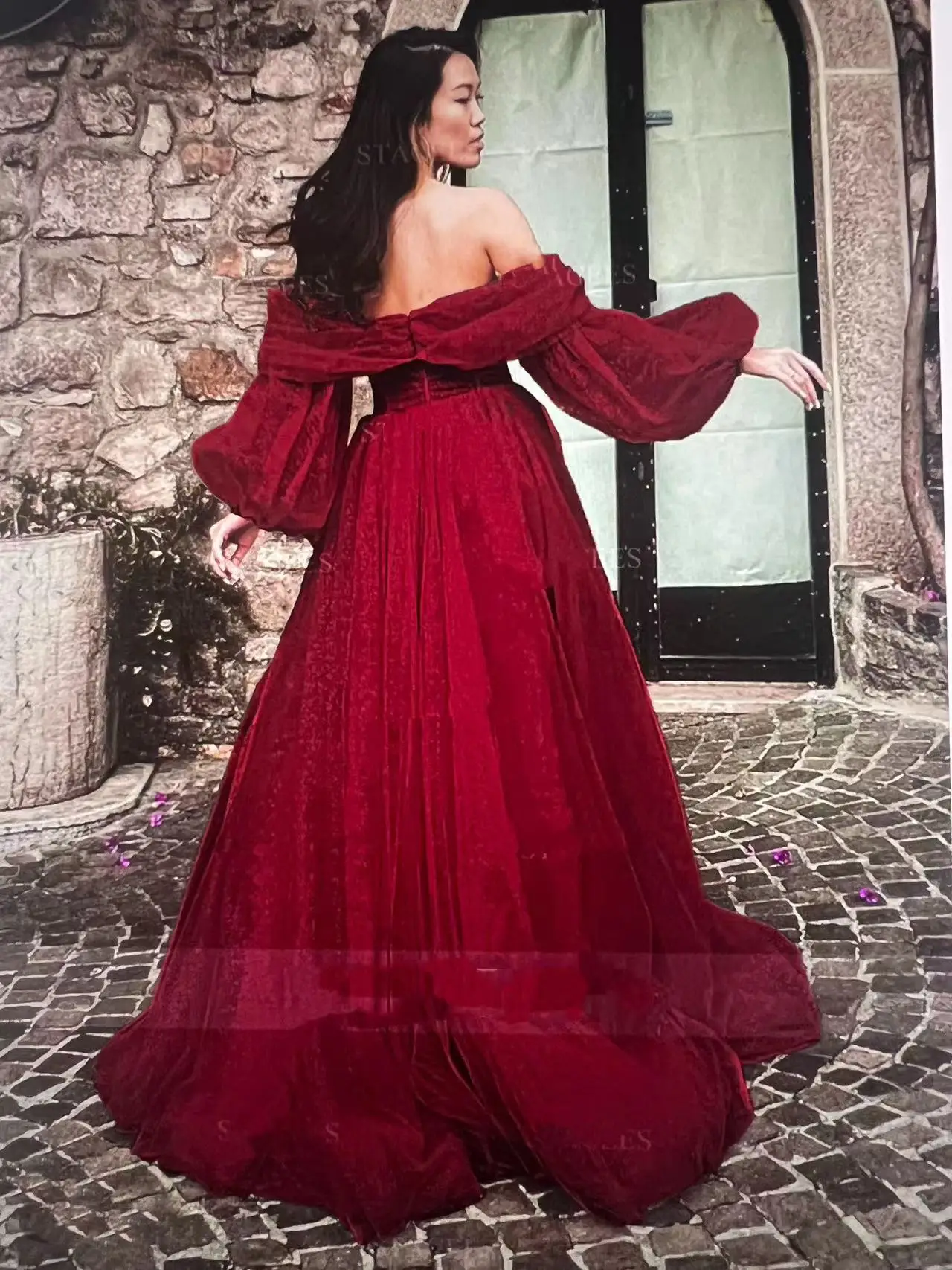 Flora Dress Elegant Red Tulle A Line Evening Dress Off Shoulder Long Sleeves Arabic Pleated Side Slit Prom Party Gown 2023