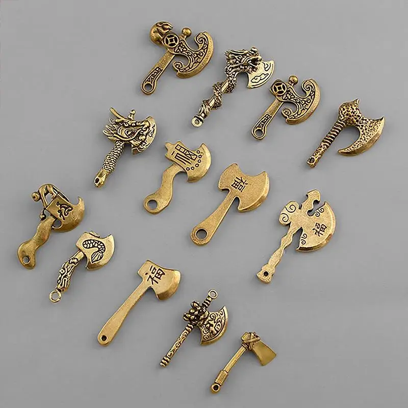 Solid Brass Axe Statue Key Chain Vintage Distressed Finish And Chinese Fu Character Lucky Charm For Car Keys Home Decor Pendant