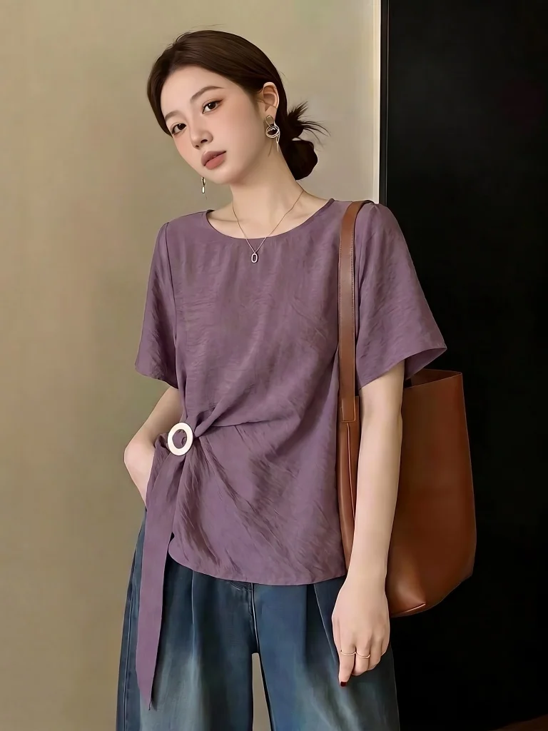 

Elegant Purple Short Sleeve Shirt Women's Fashion Summer New plus Size Slimming Top Shoulder Width Regular Length Korean Style