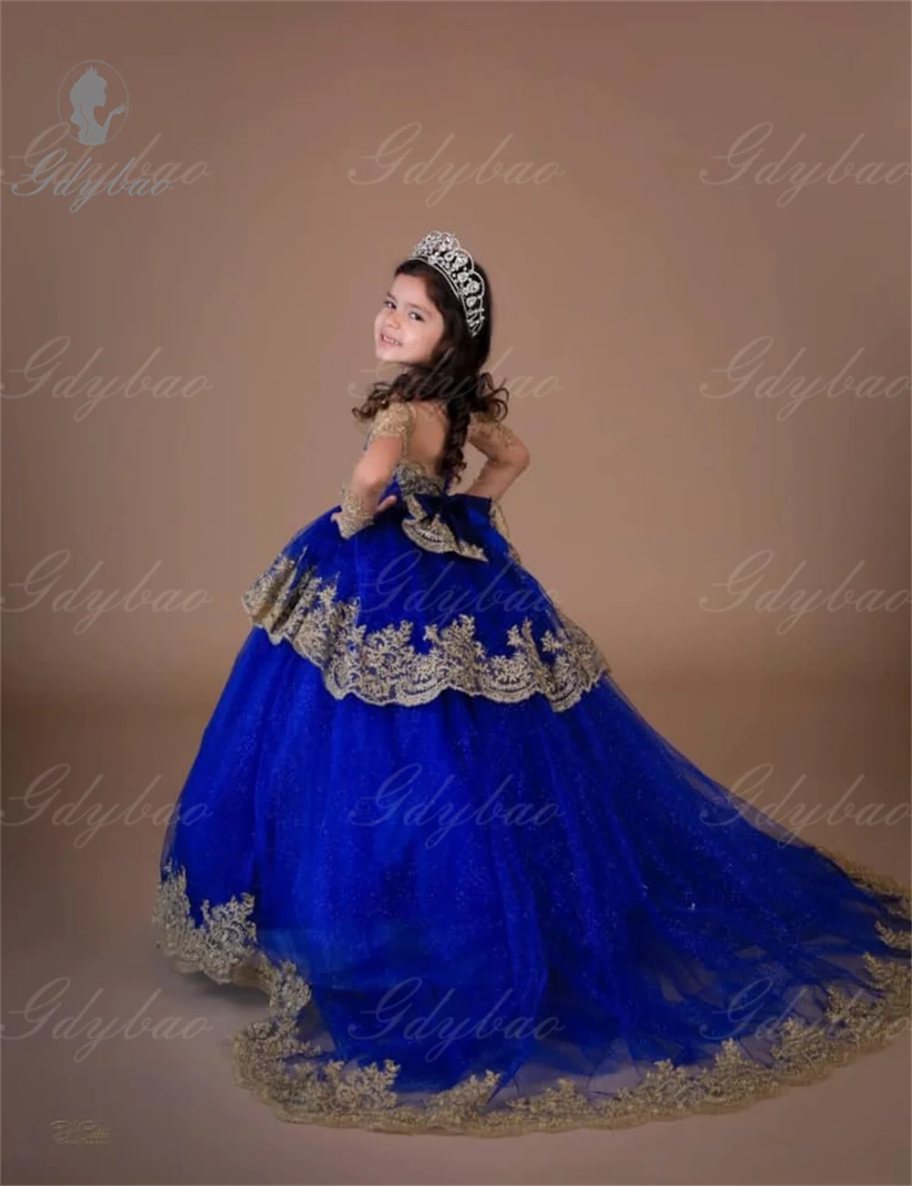 Girl Outfits Royal Blue Long Sleeves Puffy Flower Girl Dresses Gold Appliques Bow Tulle Children Princess Pageant Birthday Gown