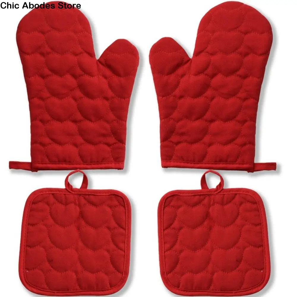 4 pieces/set Thickened Heart Oven Baking Gloves Set Heat Resistant Non-slip Microwave Gloves Household Solid Color