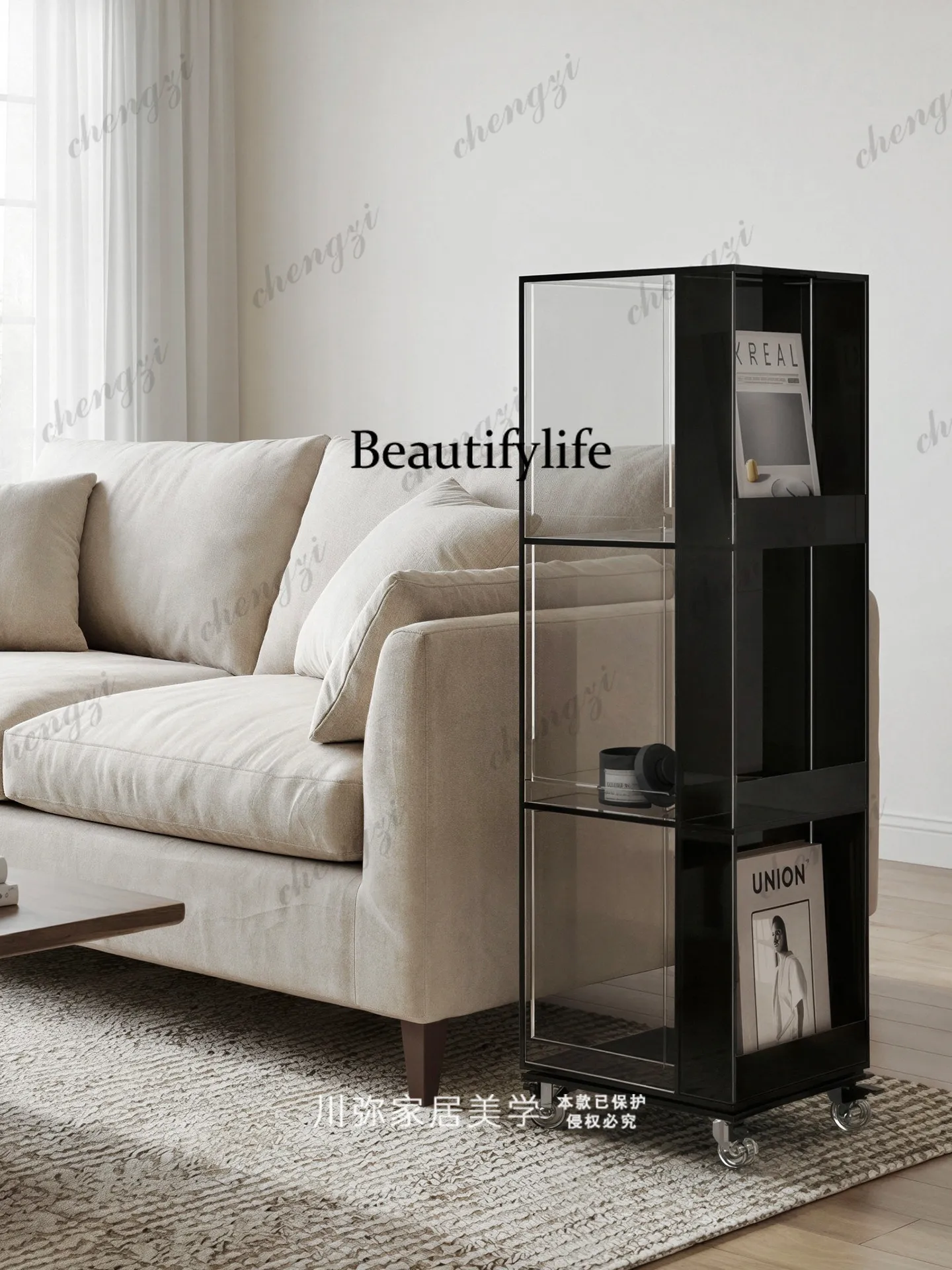 Rotatable 360-degree bookshelf bookcase black multi-layer display cabinet light luxury floor storage rack