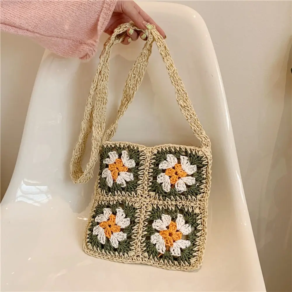 Women\'s Crochet Shoulder Bag Vintage Handmade Weaving Straw Crossbody Bag Bohemia Hollow Messenger Handbag