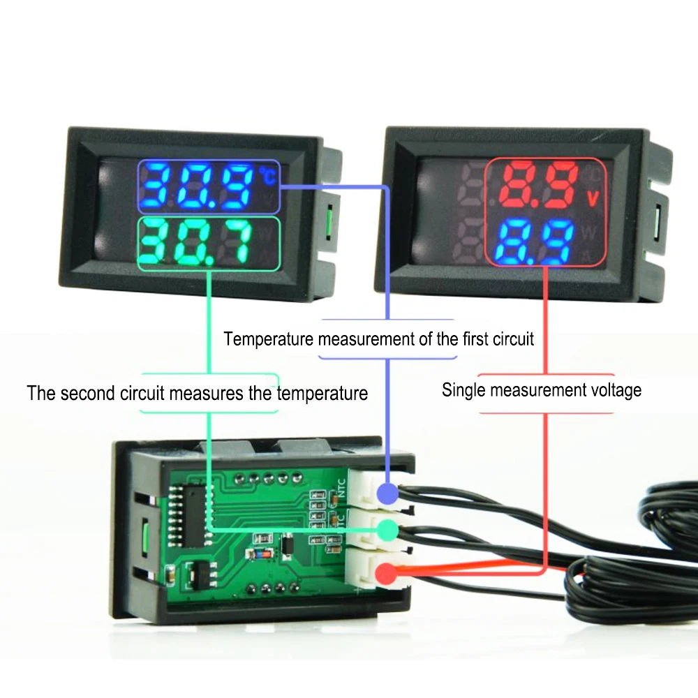 Imagem -03 - Voltímetro Digital Dual Display Medidor de Temperatura Testador de Tensão Sensor de Temperatura 1m Ntc Sonda 10k Detector de Temp dc 430v