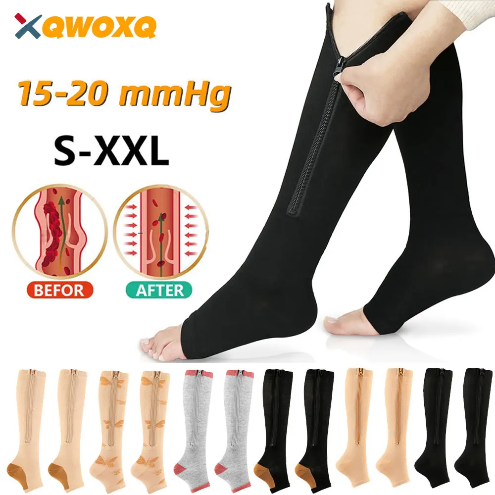 1 Pair Zipper Compression Socks 15-20 MmHg Knee High Support Stockings Women and Men Cycling Running Copper Toe Open Long Socks