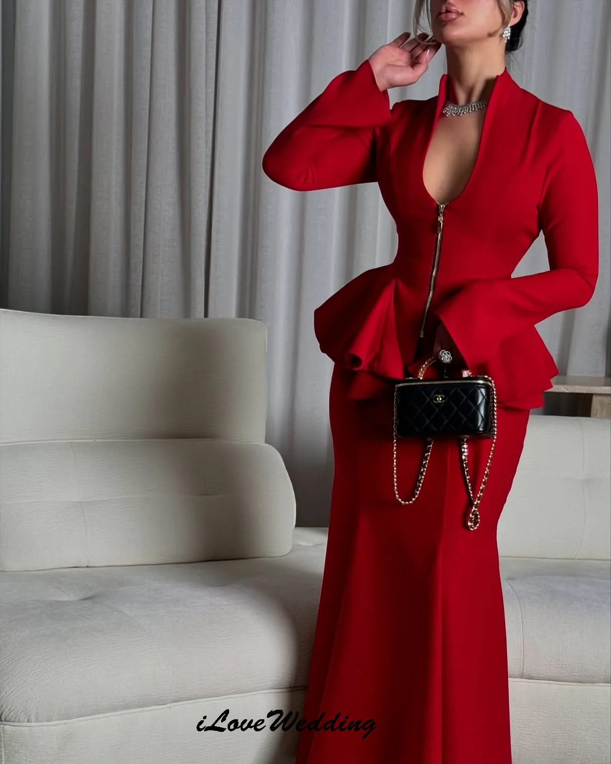 Robe de soirée rouge à manches longues, col en v, Sexy, élégante, style sirène, robes formelles pour femmes, Gala, fermeture éclair, personnalisée, 2025