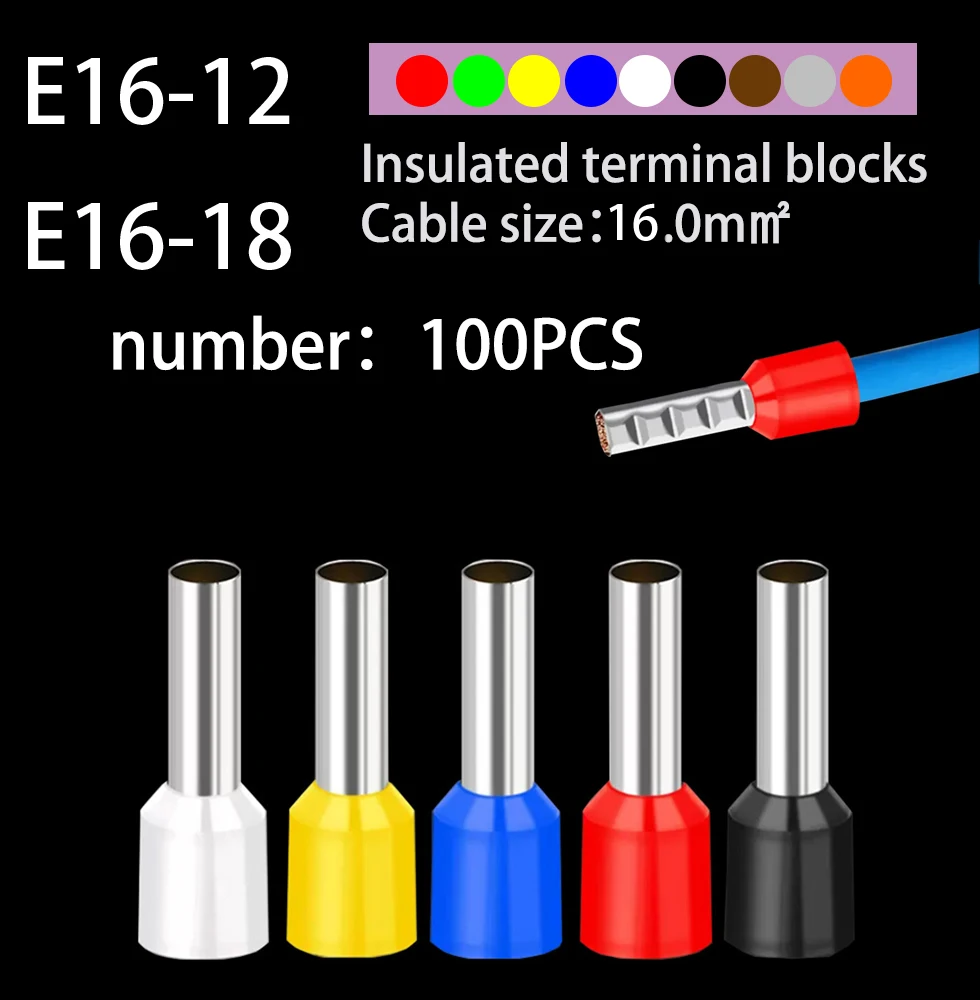 100pcs/Pack E16-12 E16-18 16.0mm² Insulated Ferrules Terminal Block Cord End Wire Connector Electrical Crimp Terminator