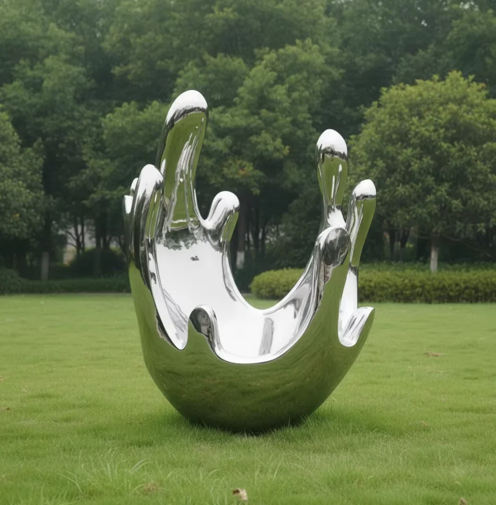 Custom mirror-polished stainless steel water splash sculpture for outdoor decoration