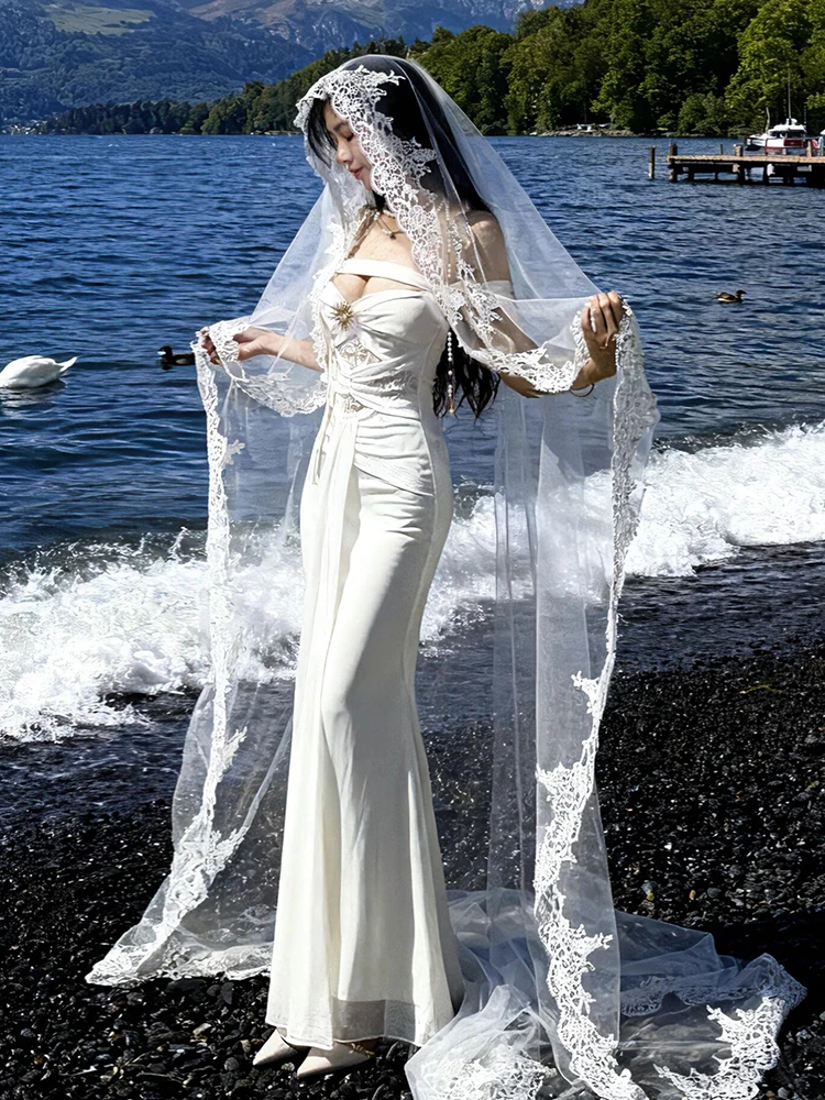 REDDACHiC Grecian White Maxi Dress Cathedral Wedding Veil Lace Off Shoulder Shirred Corset Mermaid Long Gown Fairy Woman Clothes