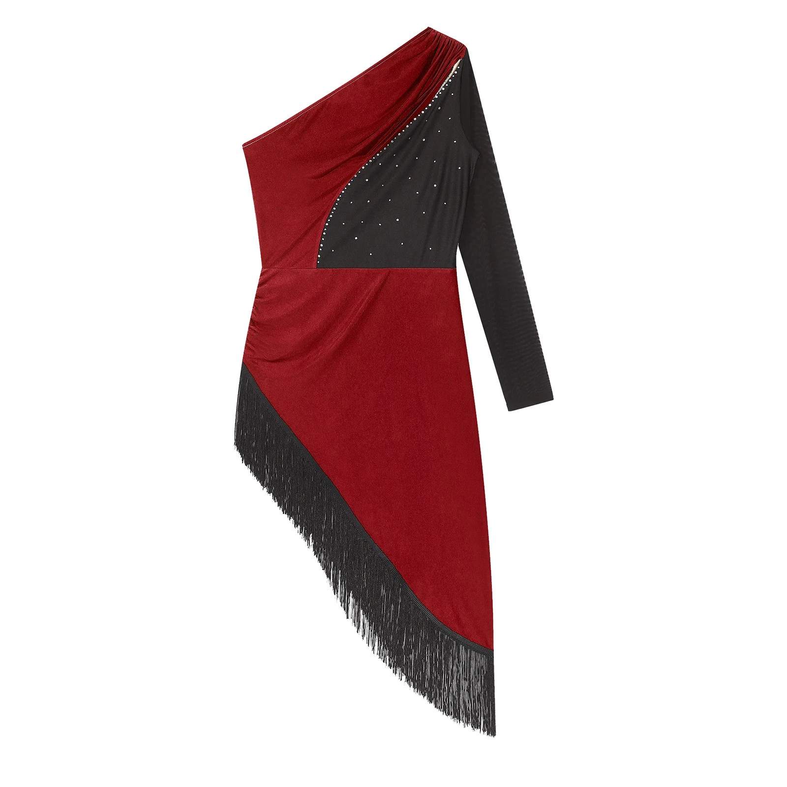 Womens glanzende strass kwastje Latin dansjurk Salsa Tango stijldansen kostuum één schouder asymmetrische franje jurk